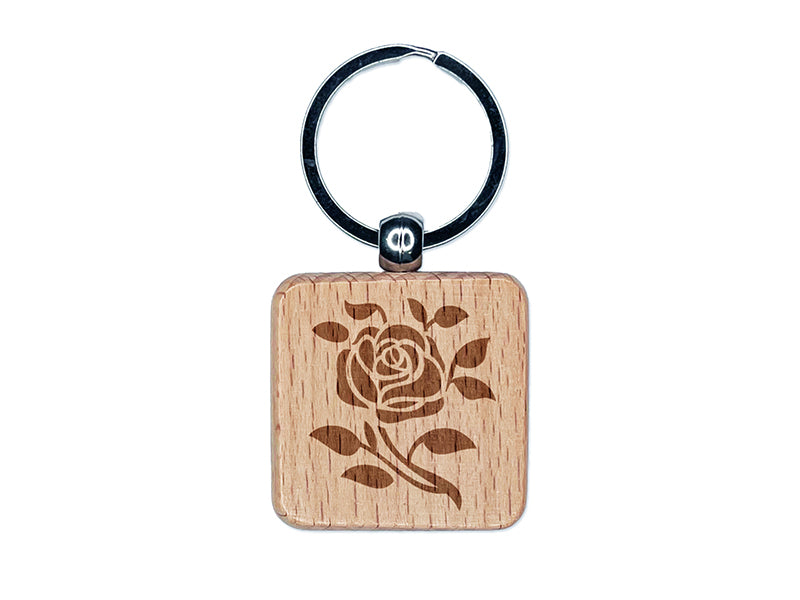 Elegant Rose Stem with Leaves Engraved Wood Square Keychain Tag Charm