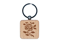 Elegant Rose Stem with Leaves Engraved Wood Square Keychain Tag Charm