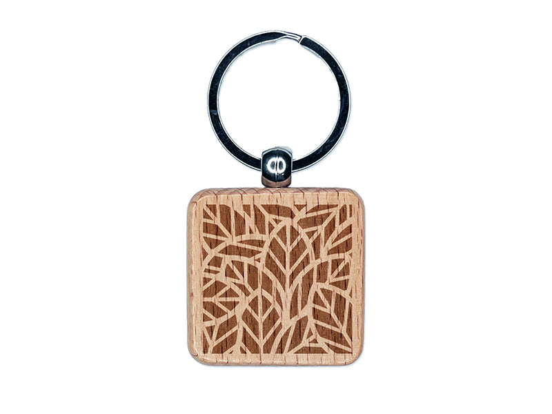 Leaves Overlapping Engraved Wood Square Keychain Tag Charm