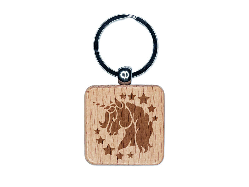 Magical Unicorn Head Engraved Wood Square Keychain Tag Charm