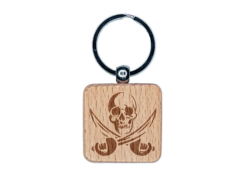 Pirate Skull and Swords Jolly Roger Engraved Wood Square Keychain Tag Charm