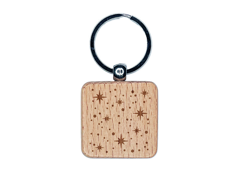 Shining Stars Outer Space Engraved Wood Square Keychain Tag Charm