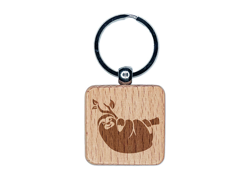 Sloth Hanging on Tree Branch Engraved Wood Square Keychain Tag Charm