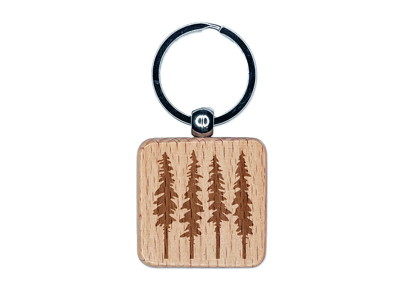 Tall Fir Trees Engraved Wood Square Keychain Tag Charm