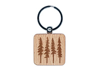Tall Fir Trees Engraved Wood Square Keychain Tag Charm