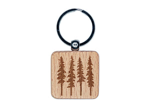 Tall Fir Trees Engraved Wood Square Keychain Tag Charm