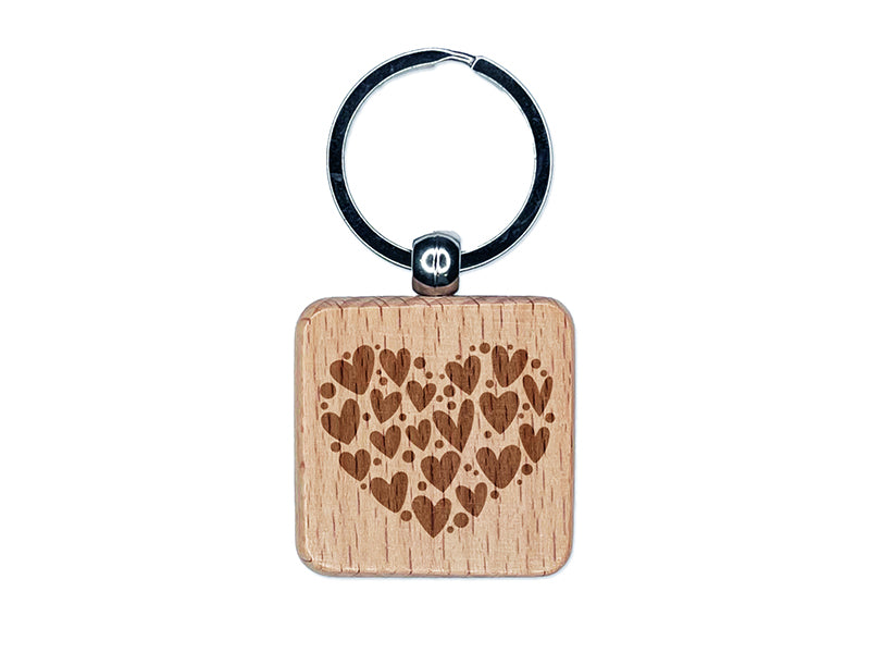 Adorable Heart Made of Hearts and Dots Engraved Wood Square Keychain Tag Charm