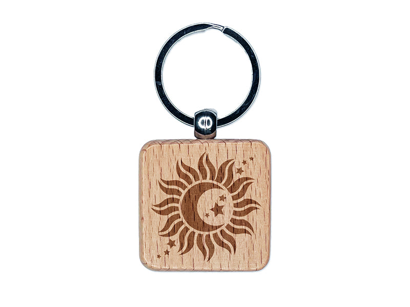 Celestial Sun Moon and Stars Engraved Wood Square Keychain Tag Charm