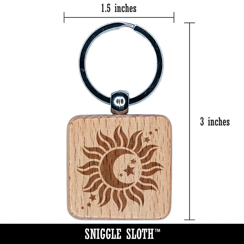 Celestial Sun Moon and Stars Engraved Wood Square Keychain Tag Charm