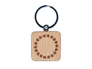 Cute Flower and Heart Circle Frame Engraved Wood Square Keychain Tag Charm