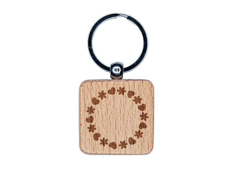 Cute Flower and Heart Circle Frame Engraved Wood Square Keychain Tag Charm