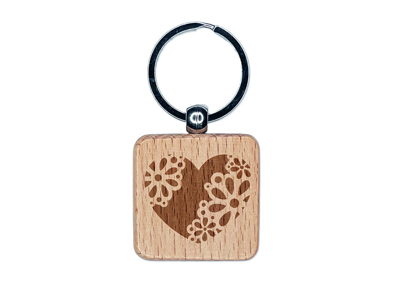 Delicate Floral Heart Engraved Wood Square Keychain Tag Charm