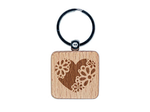 Delicate Floral Heart Engraved Wood Square Keychain Tag Charm