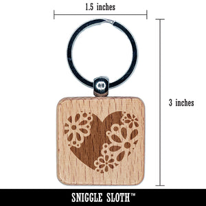 Delicate Floral Heart Engraved Wood Square Keychain Tag Charm