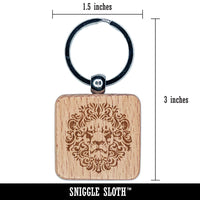 Arabesque Floral Decorative Lion Head Engraved Wood Square Keychain Tag Charm