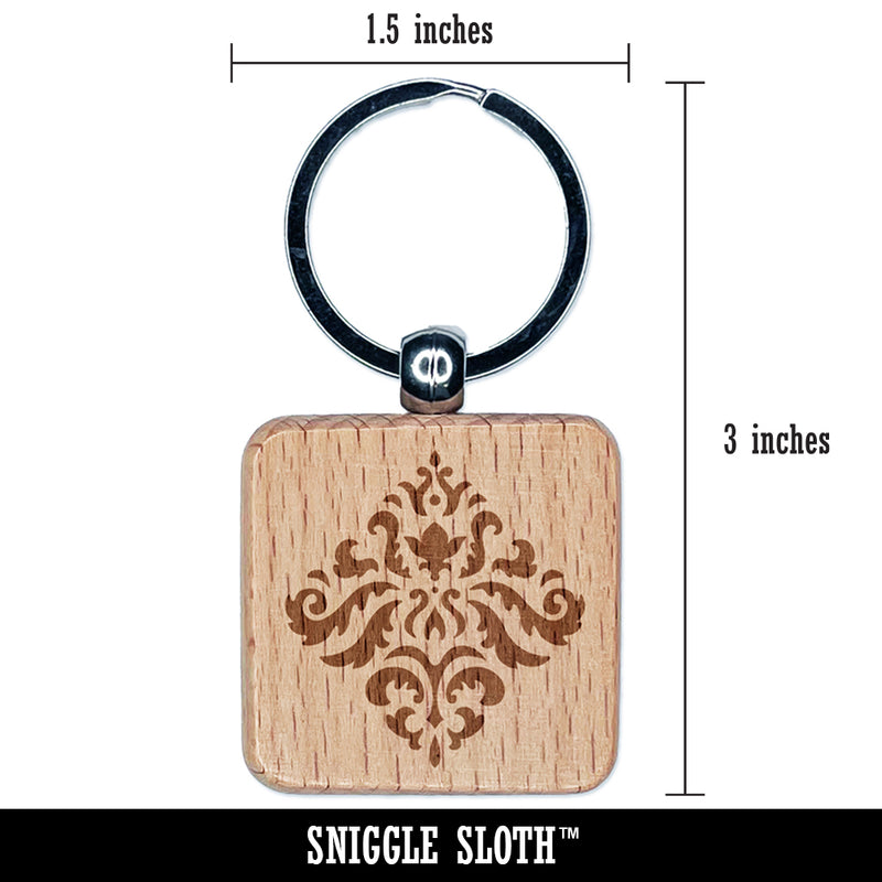 Decorative Floral Diamond Pattern Engraved Wood Square Keychain Tag Charm