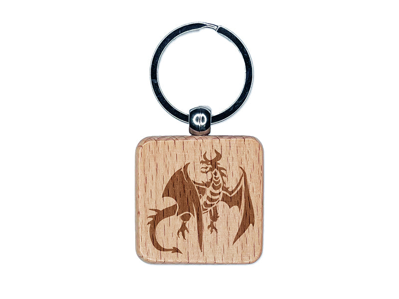 Fierce Horned Flying Dragon Wyvern Engraved Wood Square Keychain Tag Charm