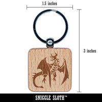 Fierce Horned Flying Dragon Wyvern Engraved Wood Square Keychain Tag Charm