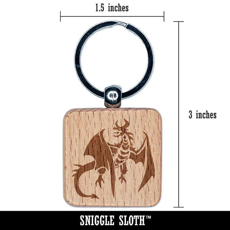 Fierce Horned Flying Dragon Wyvern Engraved Wood Square Keychain Tag Charm