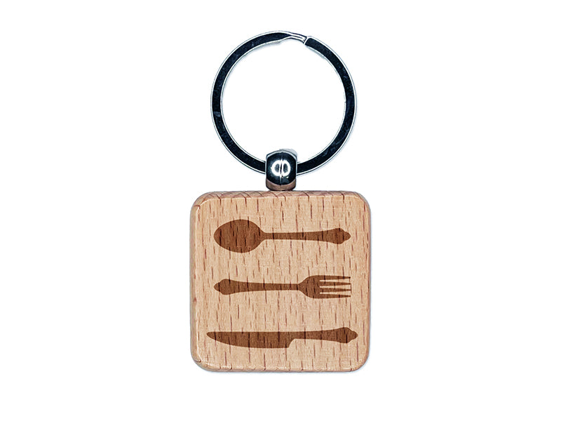 Knife Fork Spoon Kitchen Dining Set Engraved Wood Square Keychain Tag Charm