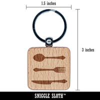 Knife Fork Spoon Kitchen Dining Set Engraved Wood Square Keychain Tag Charm