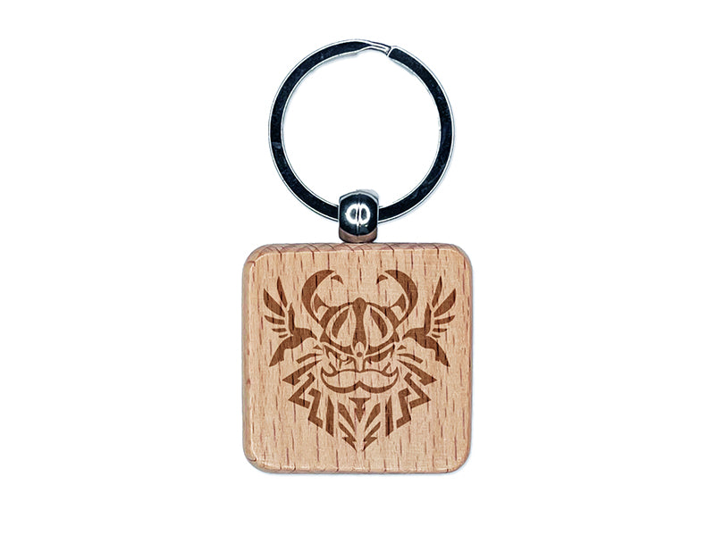 Odin Viking Norse God with Helmet and Ravens Engraved Wood Square Keychain Tag Charm