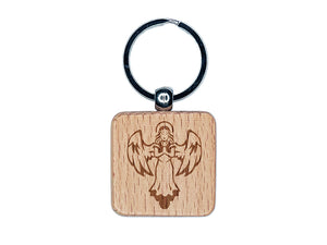 Praying Angel with Wings Engraved Wood Square Keychain Tag Charm