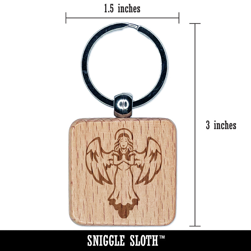 Praying Angel with Wings Engraved Wood Square Keychain Tag Charm