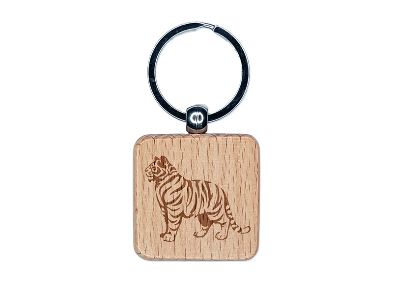 Regal Standing Bengal Tiger Engraved Wood Square Keychain Tag Charm