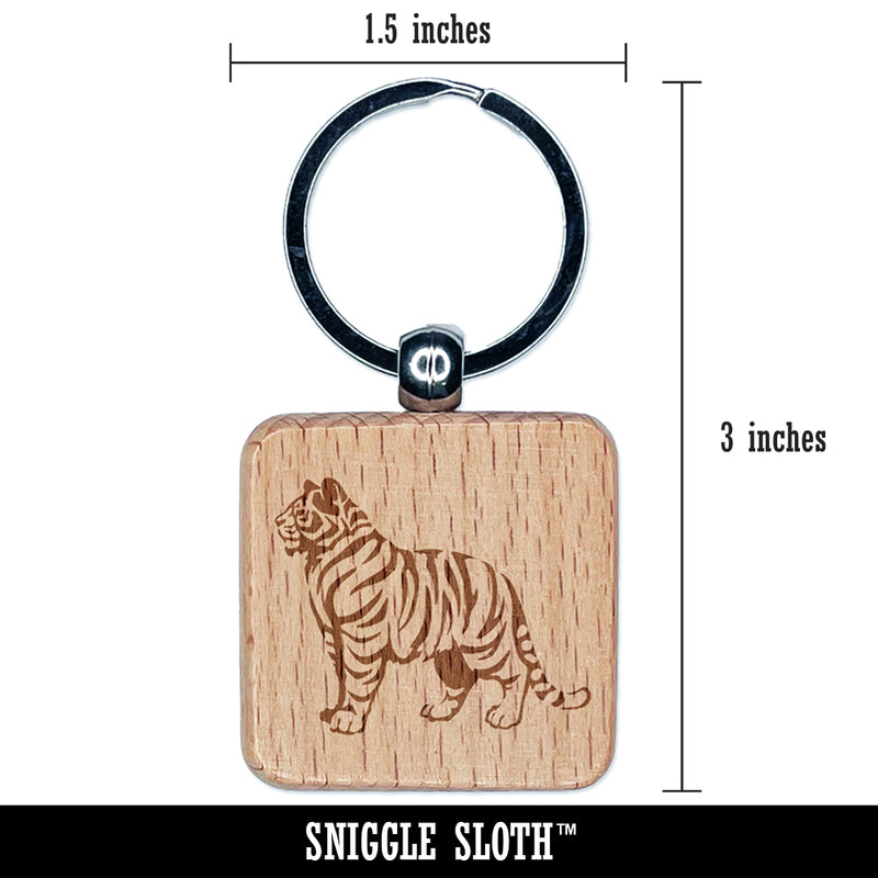 Regal Standing Bengal Tiger Engraved Wood Square Keychain Tag Charm