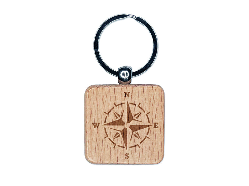 Vintage Nautical Compass Rose Engraved Wood Square Keychain Tag Charm