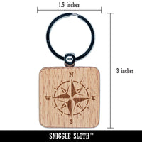 Vintage Nautical Compass Rose Engraved Wood Square Keychain Tag Charm