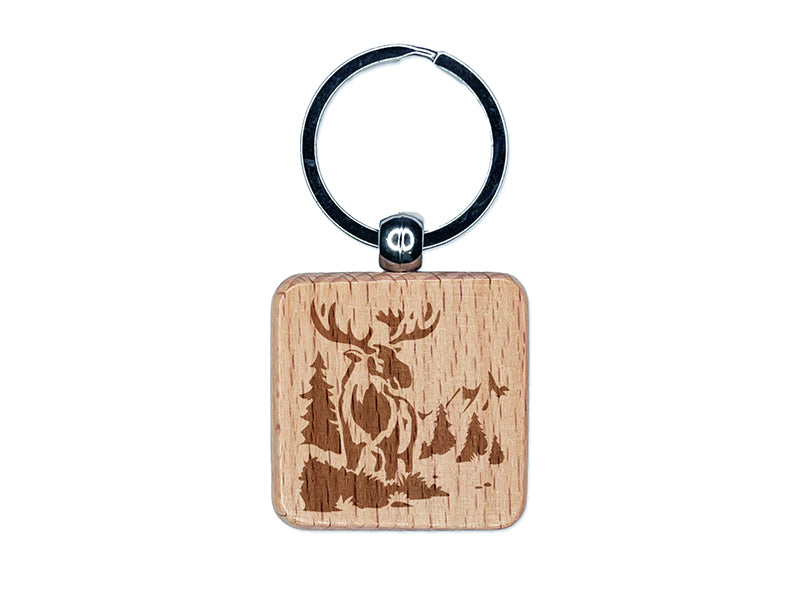 Wild Moose in Rocky Mountains Nature Engraved Wood Square Keychain Tag Charm