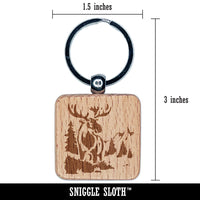 Wild Moose in Rocky Mountains Nature Engraved Wood Square Keychain Tag Charm