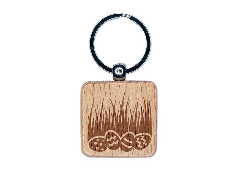Easter Eggs in Grass Engraved Wood Square Keychain Tag Charm