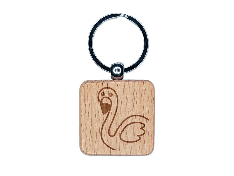 Peeking Flamingo Engraved Wood Square Keychain Tag Charm