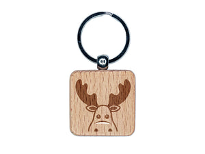 Peeking Moose Engraved Wood Square Keychain Tag Charm