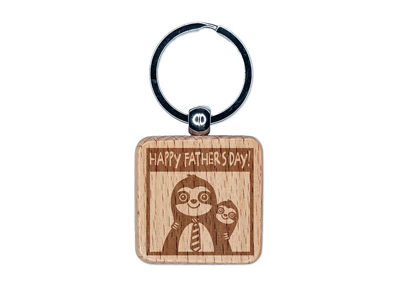 Sloth Happy Father's Day with Kid Engraved Wood Square Keychain Tag Charm