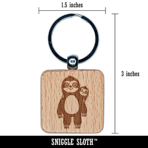 Sloth with Baby on Back Engraved Wood Square Keychain Tag Charm
