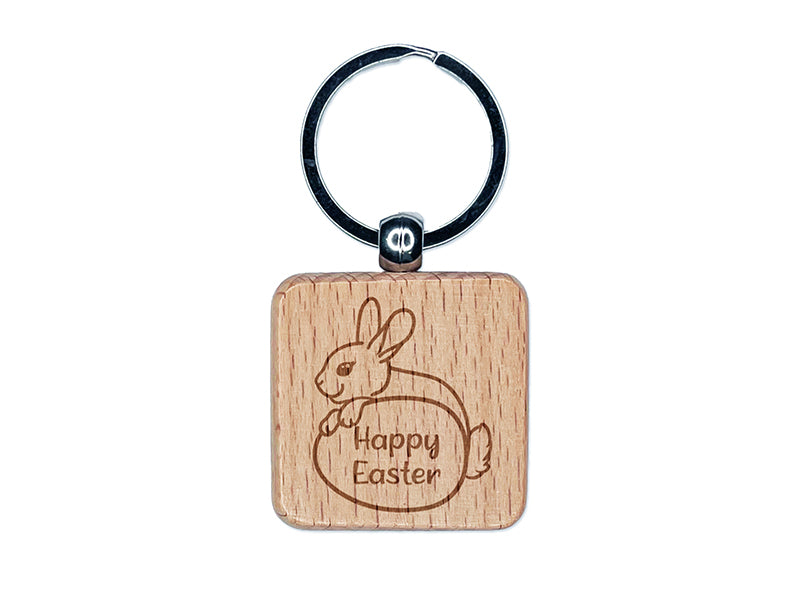Happy Easter Bunny Behind Egg Engraved Wood Square Keychain Tag Charm