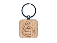 Happy Easter Bunny Behind Egg Engraved Wood Square Keychain Tag Charm