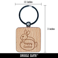 Happy Easter Bunny Behind Egg Engraved Wood Square Keychain Tag Charm