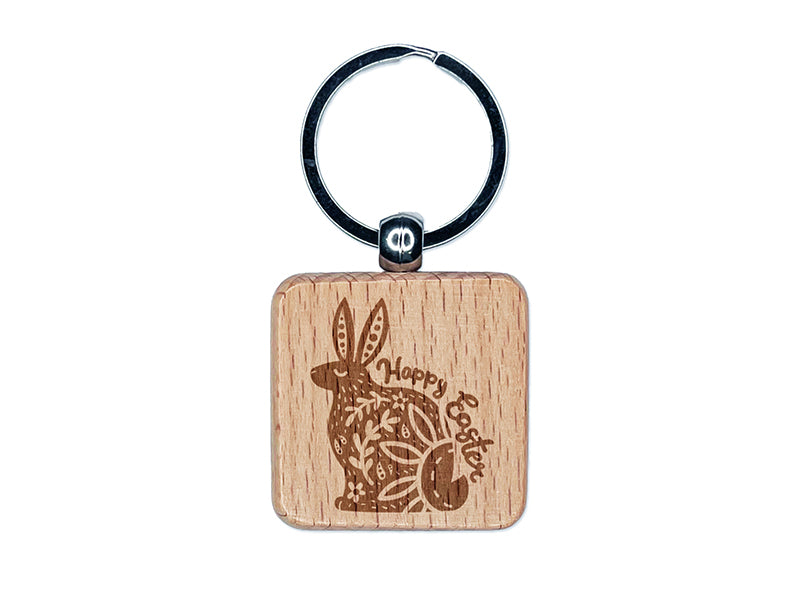 Happy Easter Floral Designer Bunny Engraved Wood Square Keychain Tag Charm