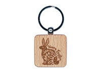 Happy Easter Floral Designer Bunny Engraved Wood Square Keychain Tag Charm
