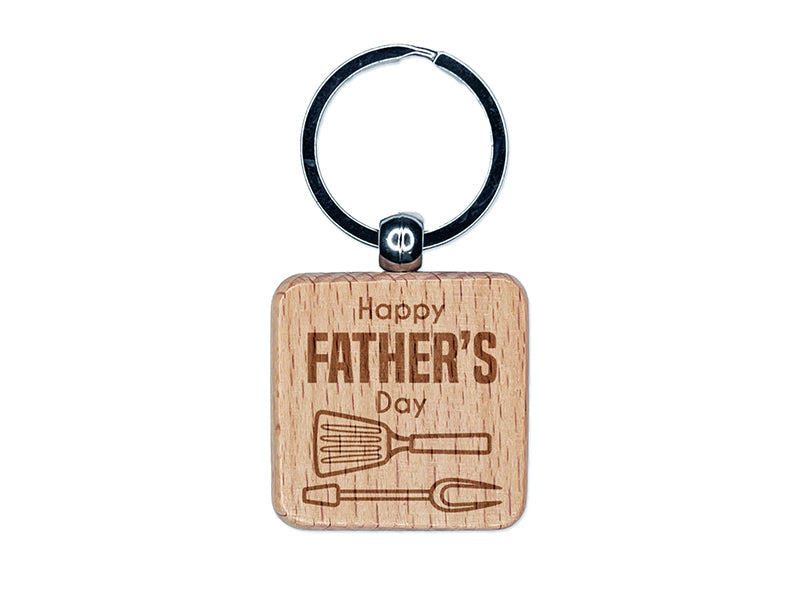 Happy Father's Day Grill BBQ Engraved Wood Square Keychain Tag Charm