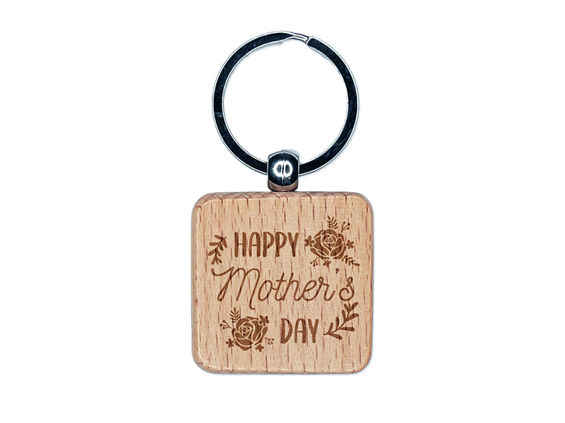 Happy Mother's Day Framed in Roses Engraved Wood Square Keychain Tag Charm