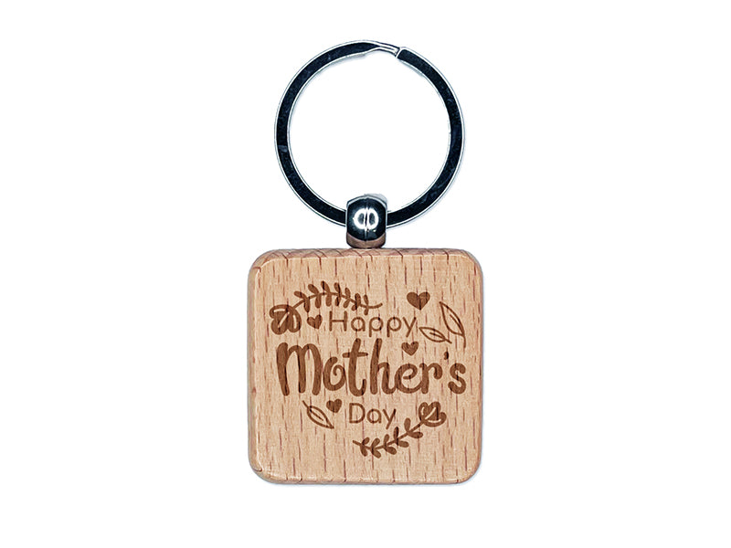 Happy Mother's Day Heart Shaped Flower Border Engraved Wood Square Keychain Tag Charm