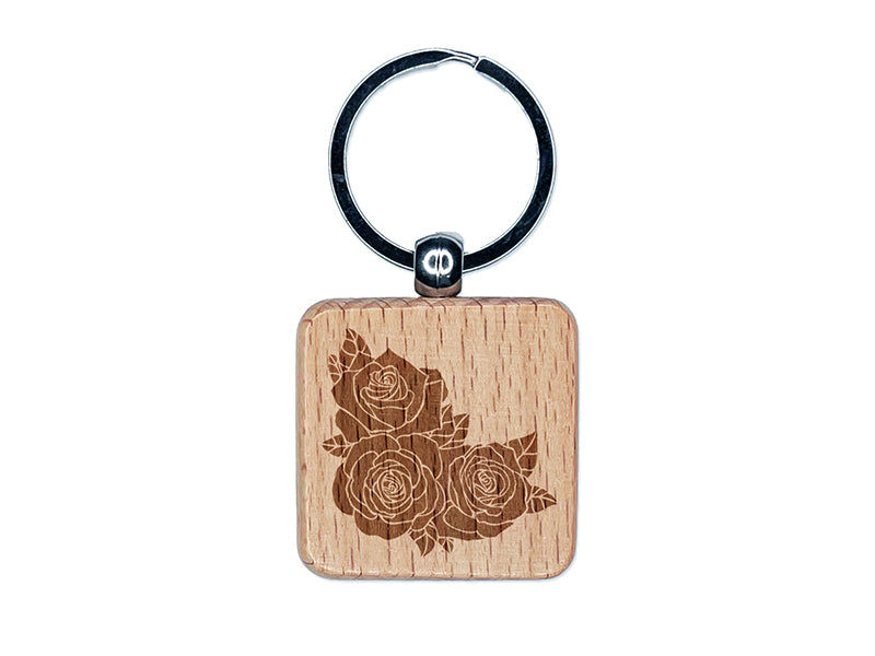 Roses Corner Frame Border Engraved Wood Square Keychain Tag Charm