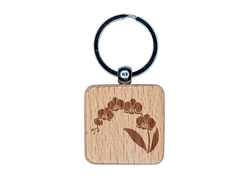 Stem of Orchids Flowers Engraved Wood Square Keychain Tag Charm