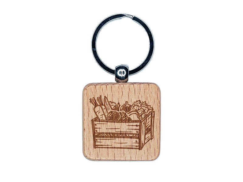 Wooden Vegetable Crate from the Garden Engraved Wood Square Keychain Tag Charm